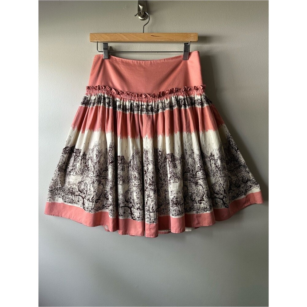 Odille Coral and Cream French Village Scenic Novelty Print Circle Skirt Size 8